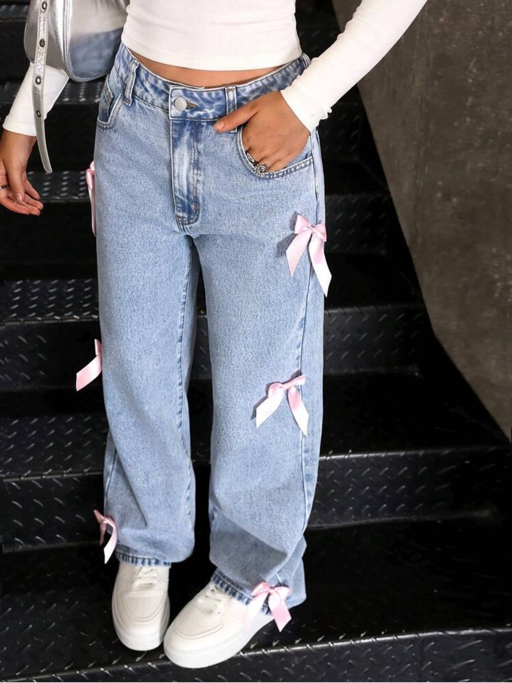 Disclosure Light Wash Wide Leg Jeans with Pink Ribbon Bows